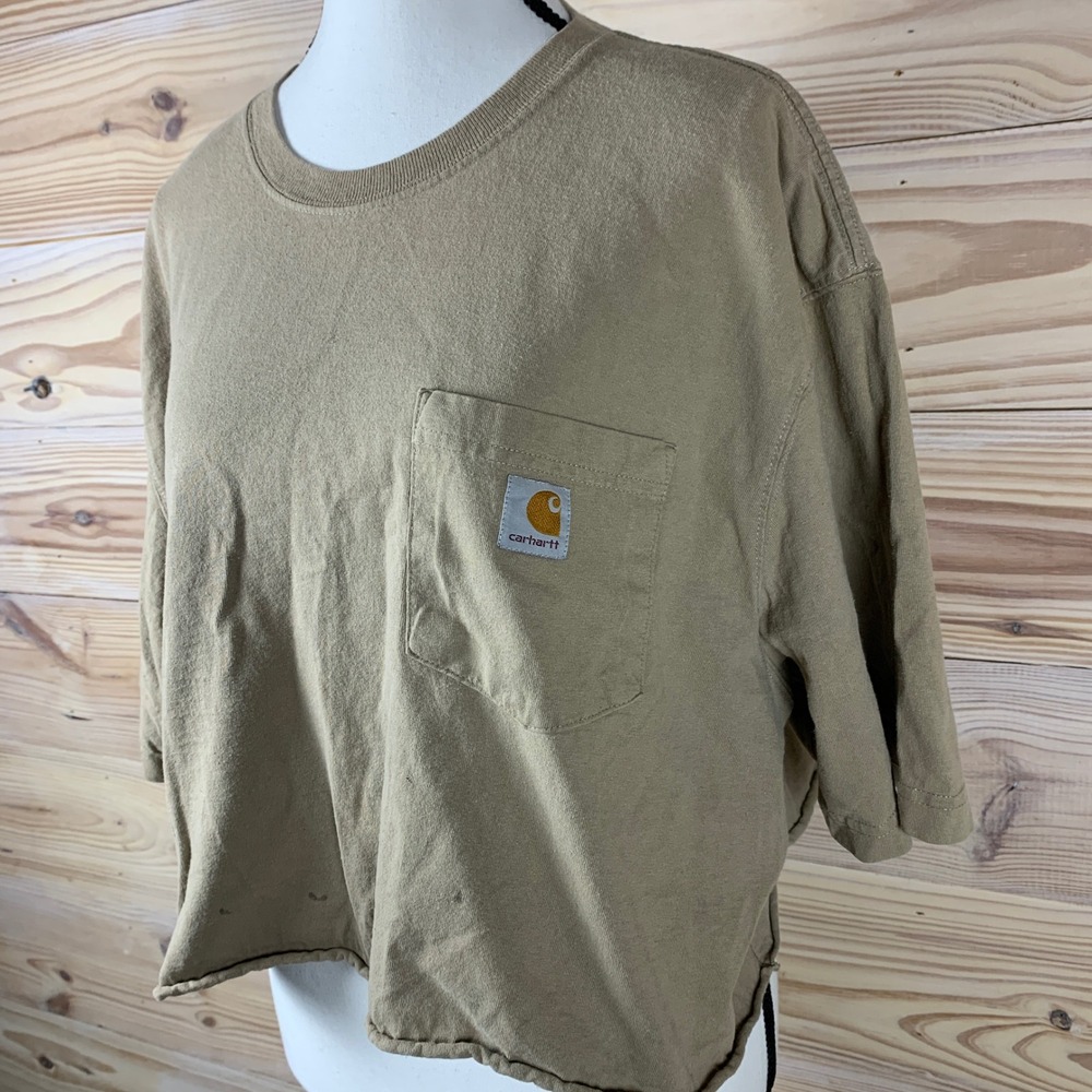 Carhartt Pocket T Shirt Women XL Tan Cropped Distressed Cut Off Grunge Tee